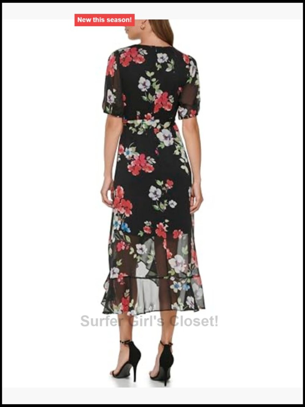 DKNY Ruffle Hem V-Neck Puff Sleeve Dress Women's Midi A-Line Zip Closure - Picture 3 of 4